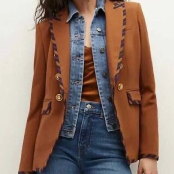 NWT Veronica Beard Miller Striped Piping Dickey Jacket Dark Ochre Brown Size 2 - Picture 3 of 8